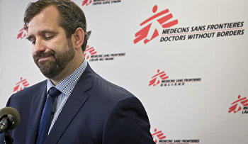 Jason Cone, U.S. executive director of Doctors Without Borders, pauses as he speaks during a press conference Wednesday, Oct. 7, 2015, in New York 