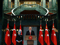 Turkish President Recep Tayyip Erdogan speaks during a meeting at the presidential palace in Ankara, Turkey