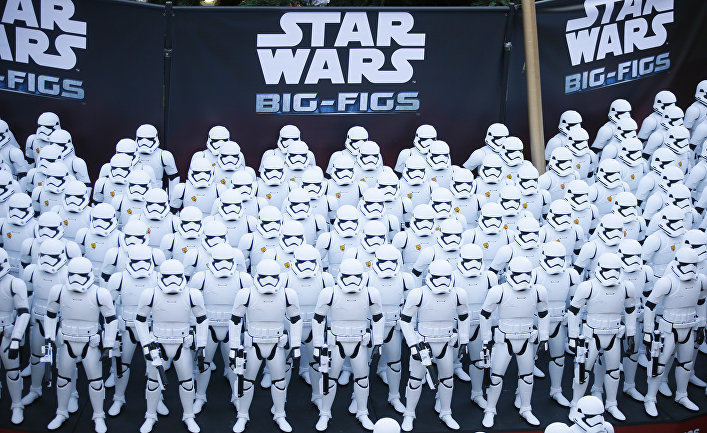 Over 100 JAKKS BIG-FIGS Stormtrooper action figures are seen as a part of an installation at The Americana at Brand for the opening of Star Wars: The Force Awakens, Thursday, Dec. 17, 2015, in Glendale, Calif